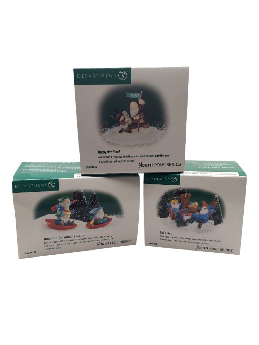 Dept 56 Figurines Set Of 3 North Pole 2000 New Year Downhill Daredevils Ski Bums